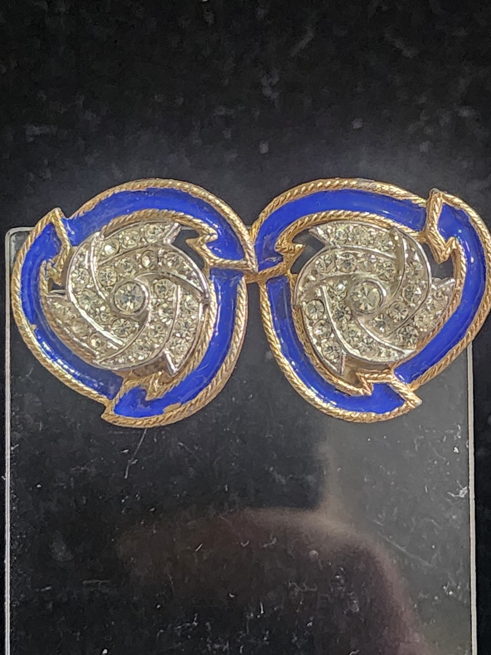 Vintage Kramer of NY Blue Enamel Rhinestone Swirl Clip On Earrings Mid Century
